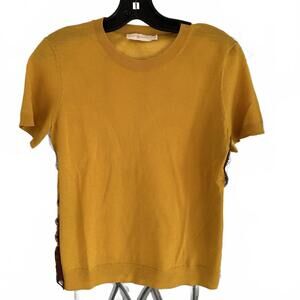 Tory Burch Women's Mustard with Black Lace on Sides Short Sleeve Top - Small
